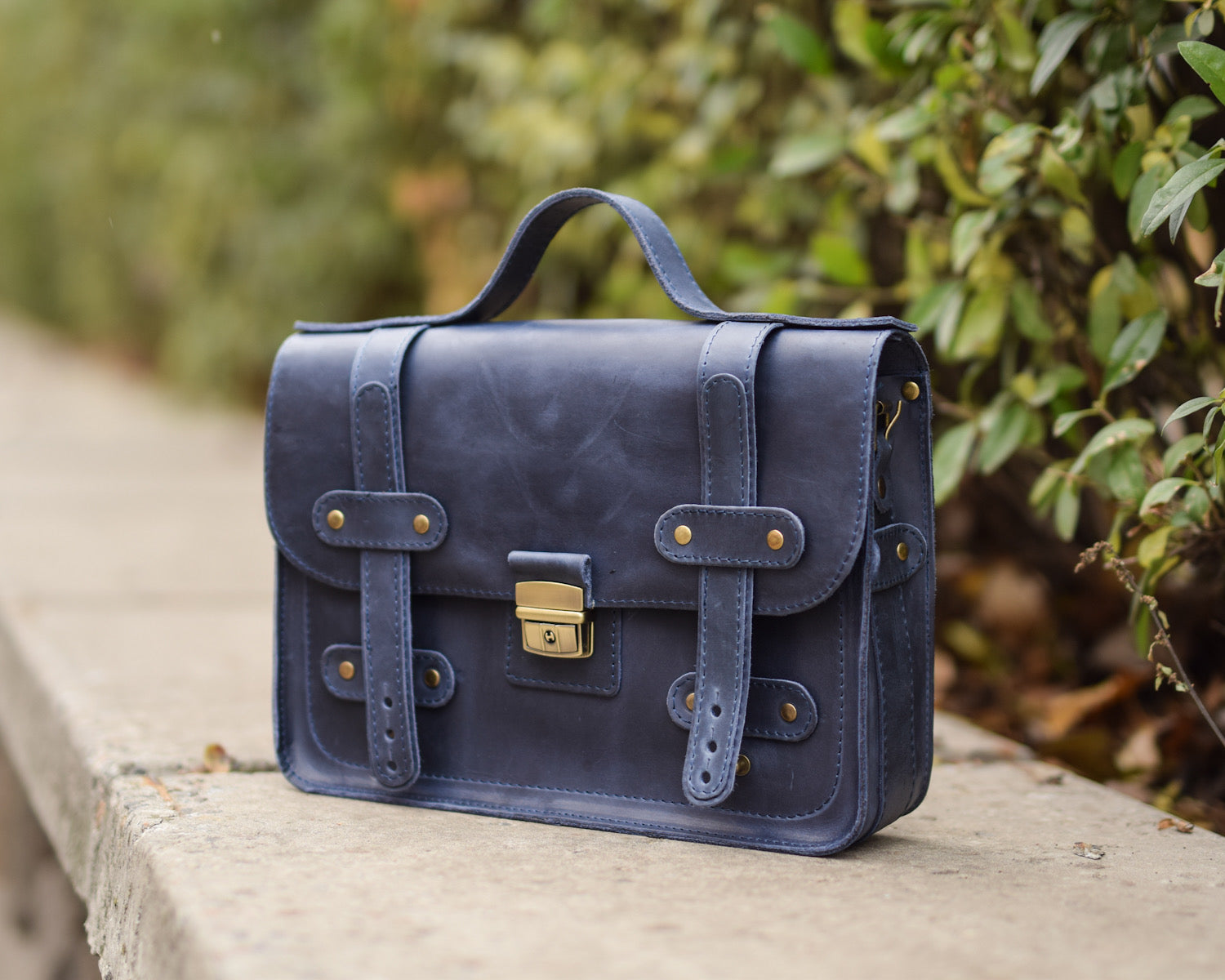 Leather Messenger Briefcase Blue