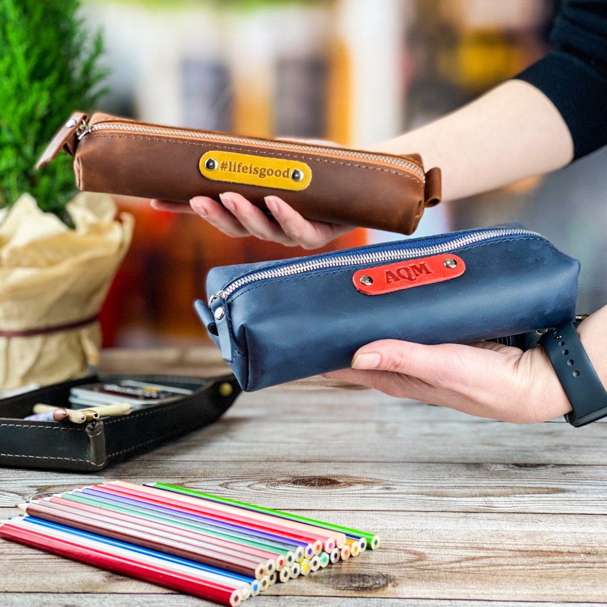 Leather pencil case with zipper 075 S/ 074 M