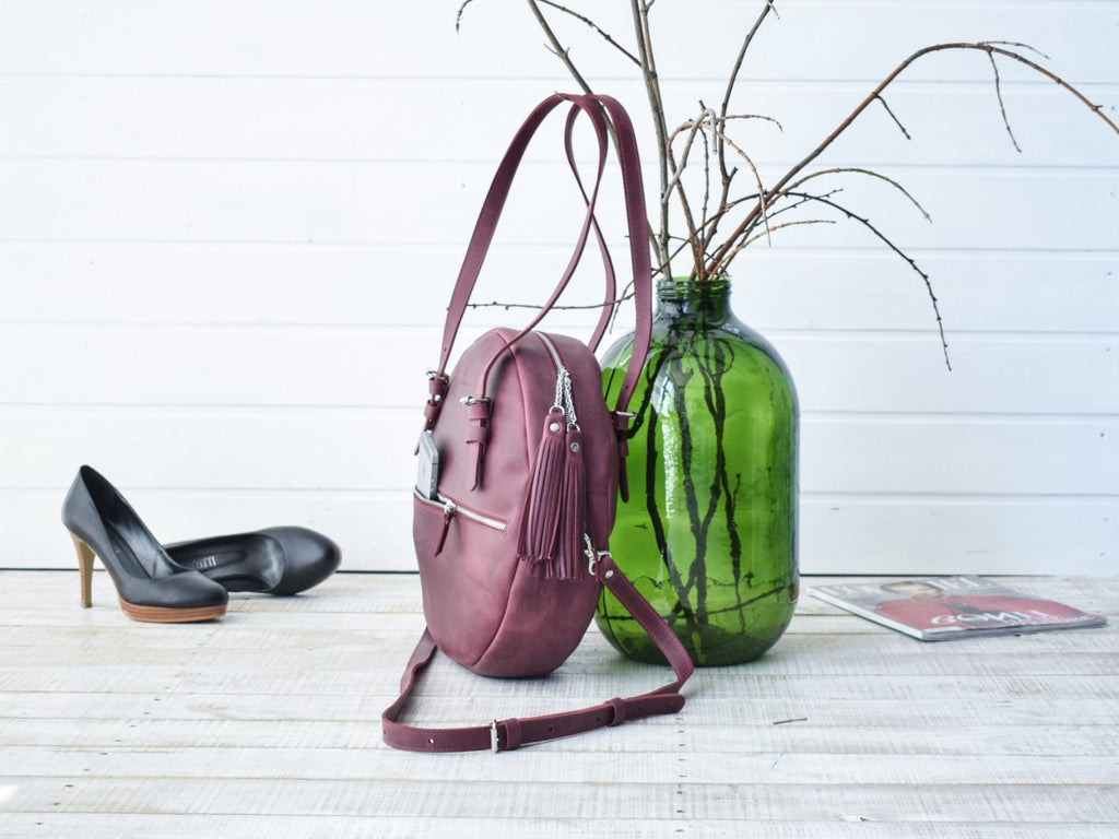 Round leather bag Marsala