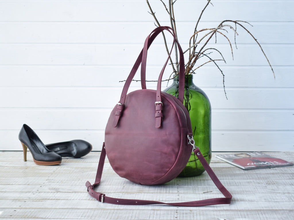 Round leather bag Marsala