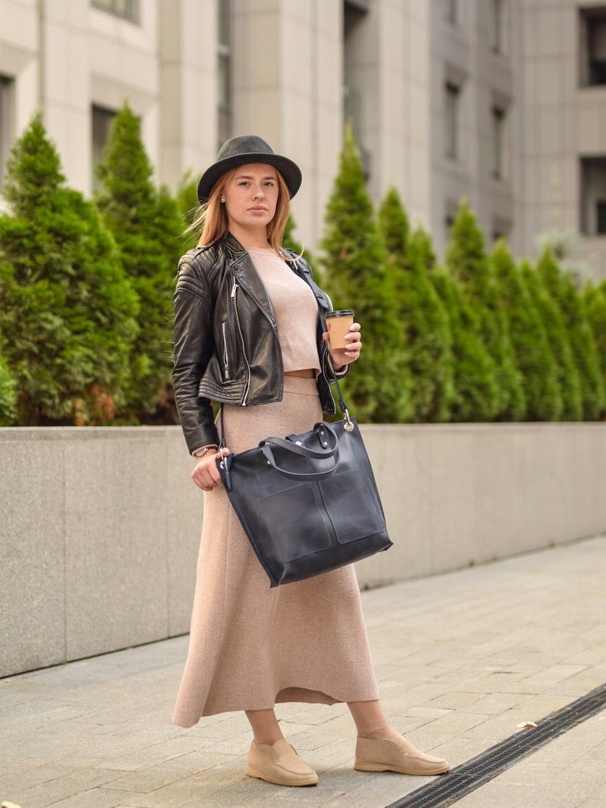 Leather Tote Bag Blue